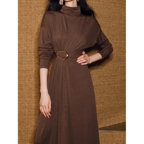 Commense Brown Turtleneck Maxi Dress with Gold Ring Detail Long Sleeve Size M - Picture 6 of 16